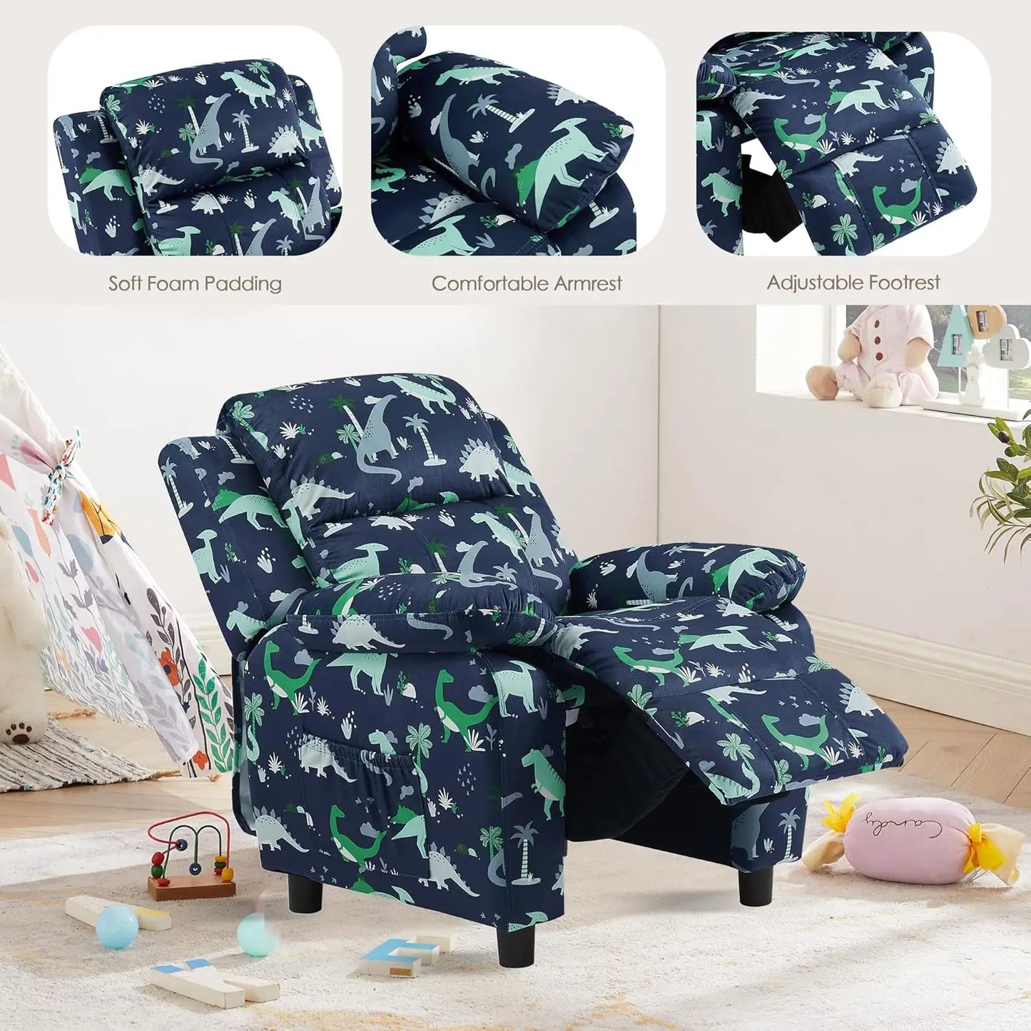 Dutch Velvet Kids Recliner Chair with footrest.