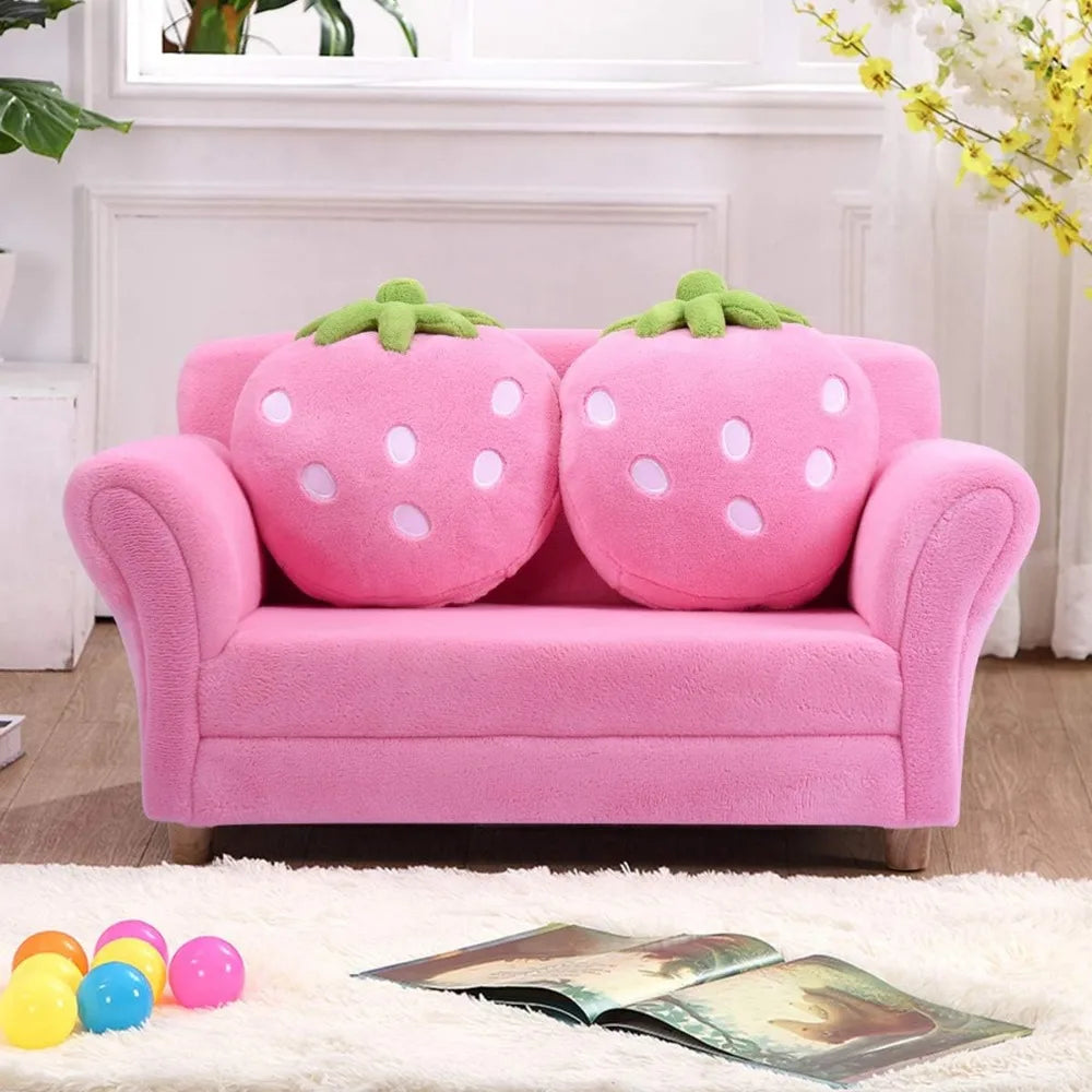 Costzon Kids Couch, Double Seat Pink Children's Sofa with 2 Strawberry Pillows.