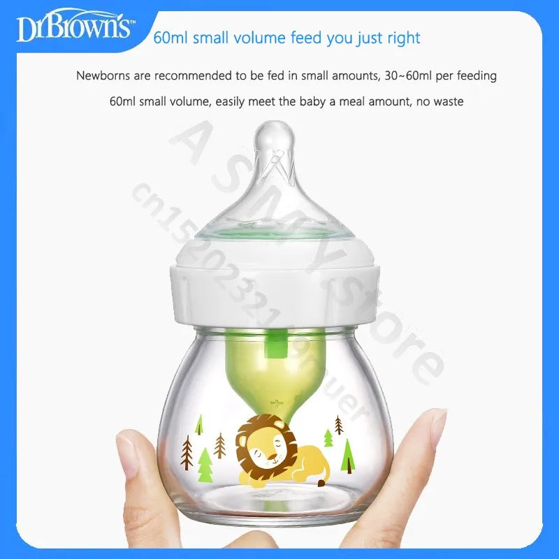 Dr. Brown's newborn wide-bore glass bottle, preemie silicone teat, anti colic.