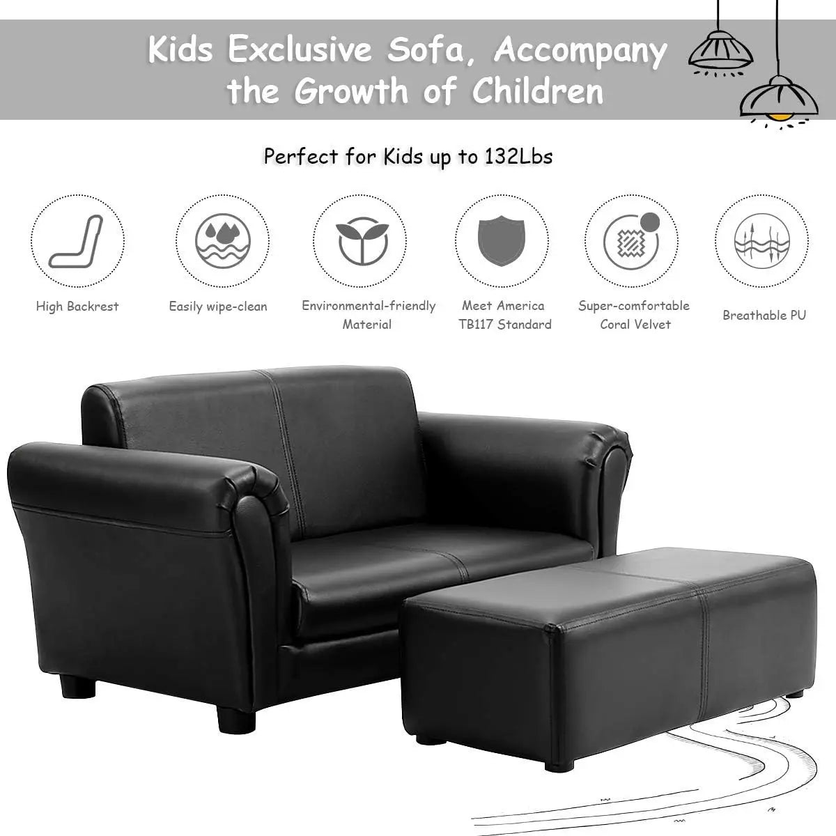 Kids Couch with Footstool, Soft Kids Sofa.