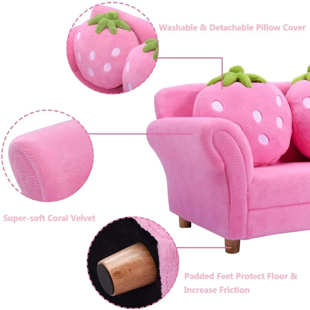 Costzon Kids Couch, Double Seat Pink Children's Sofa with 2 Strawberry Pillows.