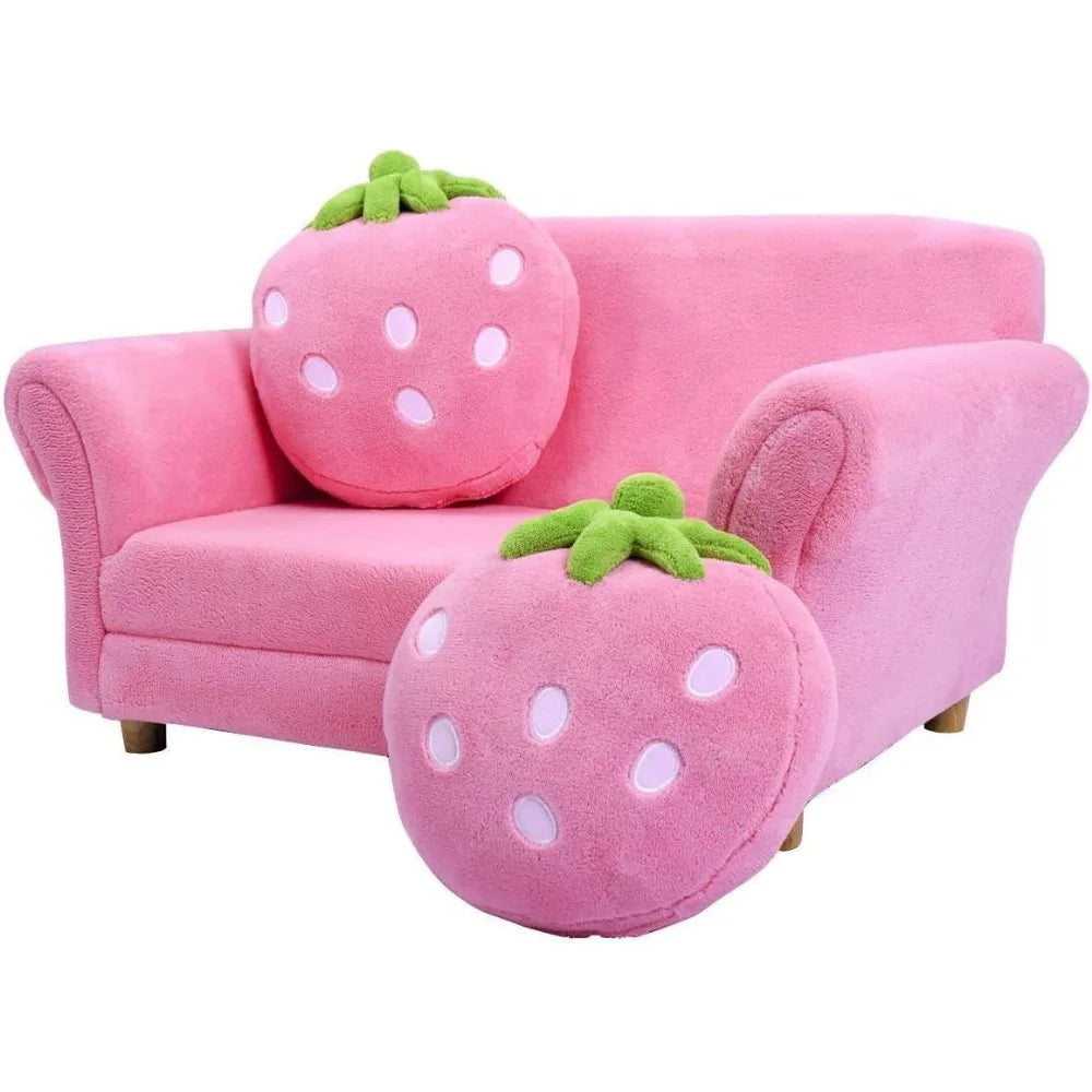 Costzon Kids Couch, Double Seat Pink Children's Sofa with 2 Strawberry Pillows.