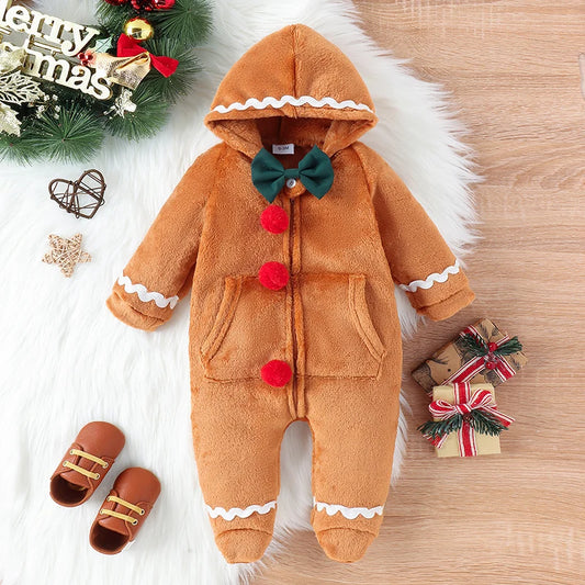 Cute Gingerbread Print Fleece Footed Pajamas with Hooded Zip-up.