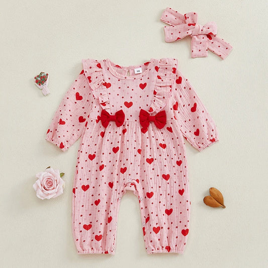 Toddler Girl Valentine’s Day Romper Long Sleeve Heart Print.