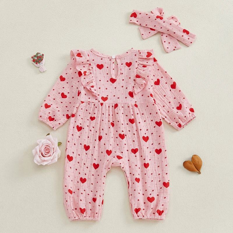 Toddler Girl Valentine’s Day Romper Long Sleeve Heart Print.