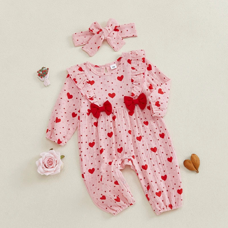 Toddler Girl Valentine’s Day Romper Long Sleeve Heart Print.